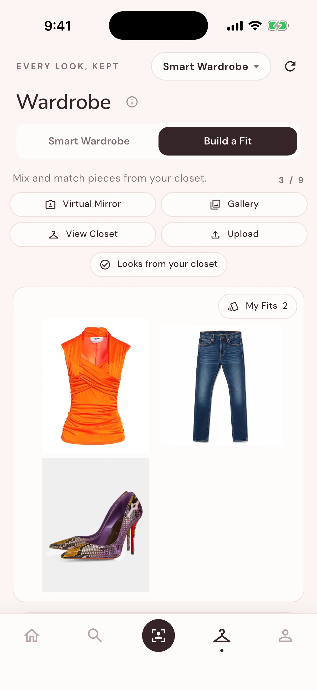Pieces selected in Build a Fit: an orange top, jeans, and heels