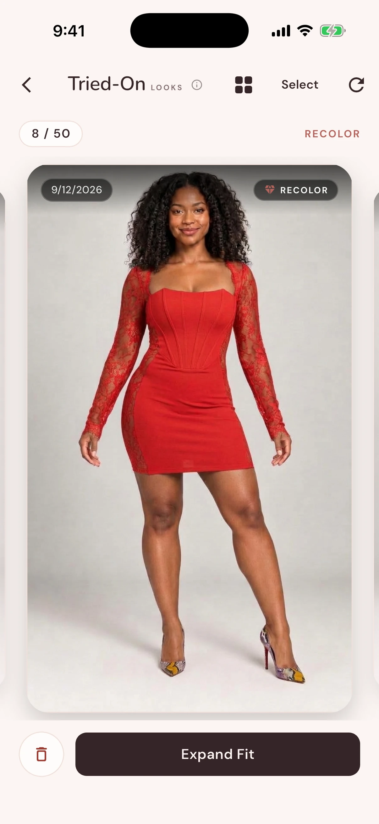 A try-on of a red dress in DripCheckr